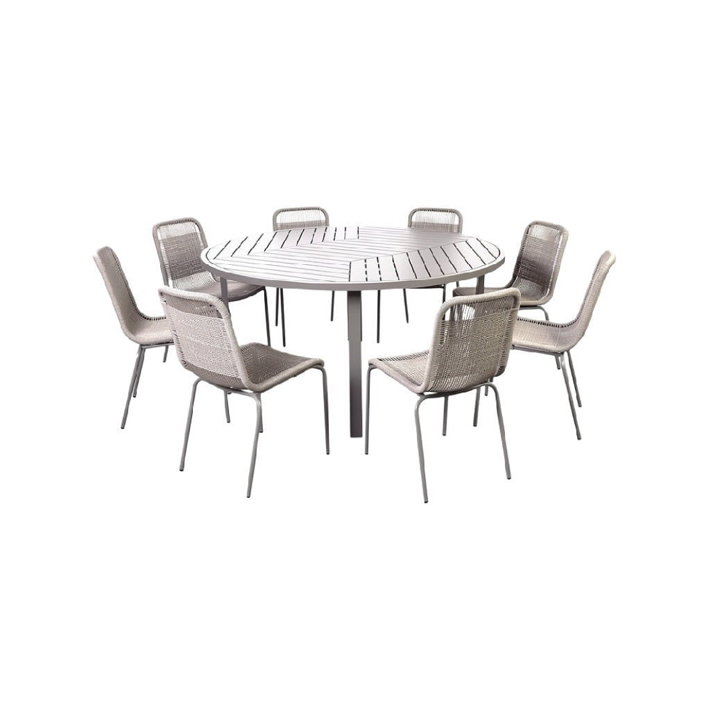 "Round Outdoor Dining Table with Eight Woven Chairs"