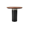 "Modern Round Dining Table with Wood Top and Metallic Base"
