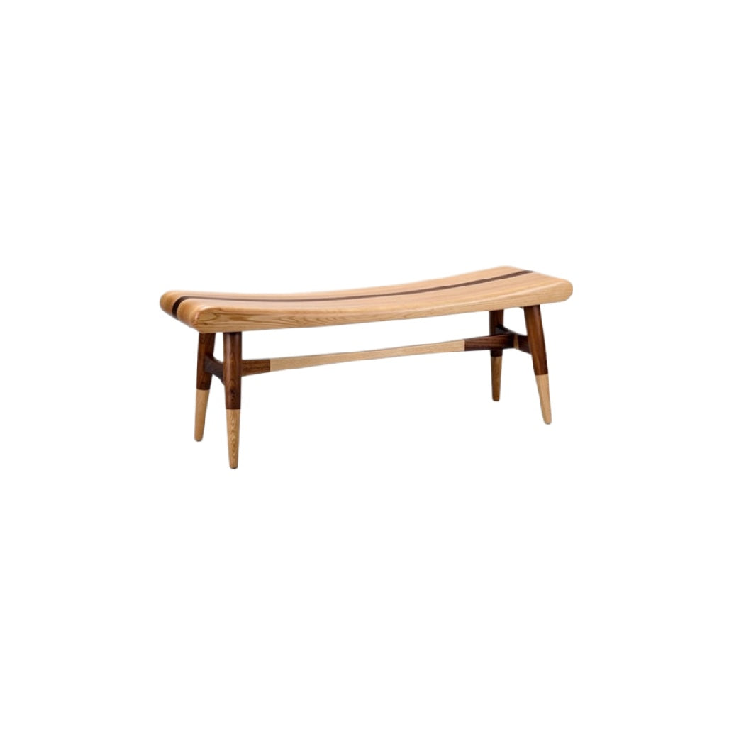 "Curved Wooden Bench with Dual-Tone Legs"