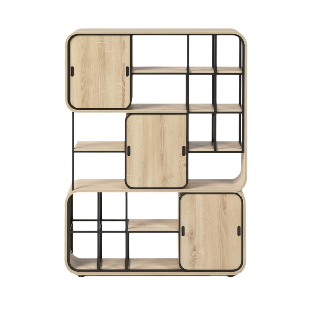 Modern Minimalist Bookshelf with Open and Closed Storage.